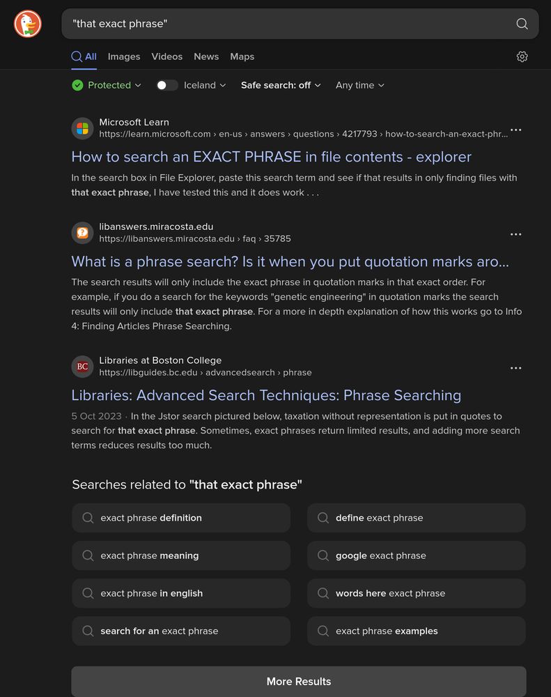 DuckDuckGo returning websites that include the words "that exact phrase" to a quoted search for "that exact phrase"