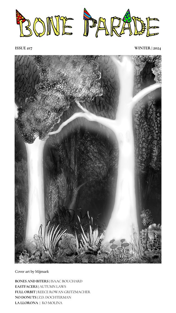 Cover art by Mijmark, featuring two glowing white trees in black forest.