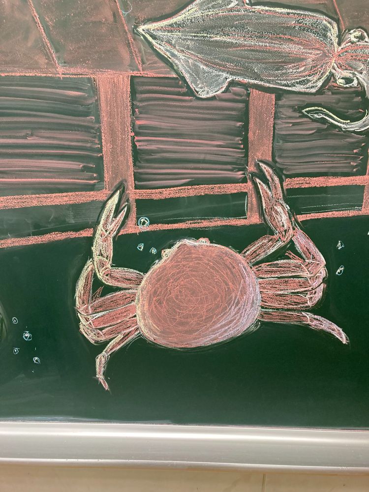 黒板にチョークで書いた「かに」の絵です。いろんな色で美味しそうなカニが描かれています