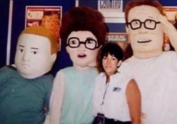The Hill family, definitely actually them in real life and not mascot costumes, with Ghislaine Maxwell, whose face was definitely not superimposed onto someone else's body