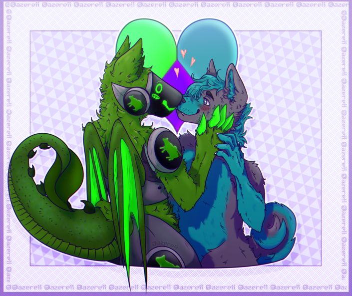 a furry couple commission of a blue and gray dog and a neon purple and black robot dog character holding each others hands on their faces while kissing