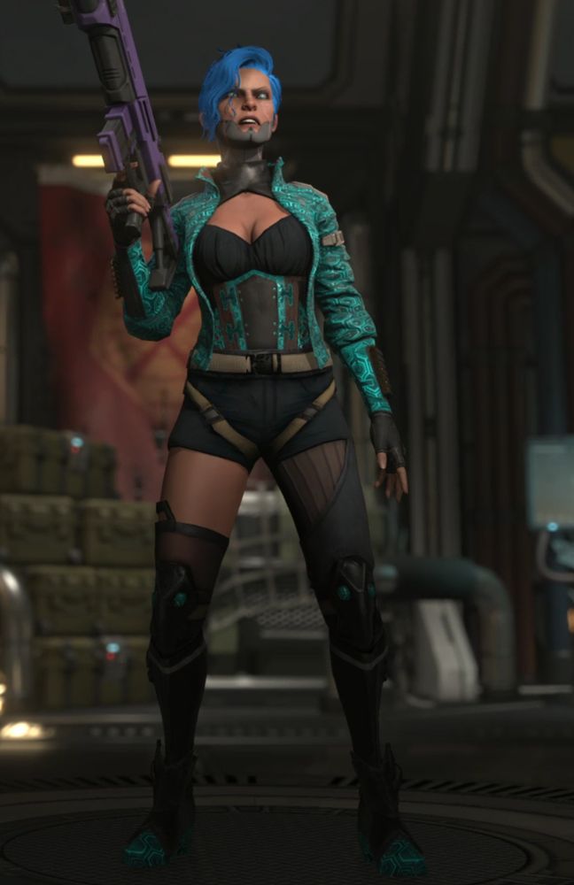 In-game screenshot of a heavily modded female soldier for XCom 2, dressed in black and torquoise with blue hair and facial markings resembling cybernetic implans