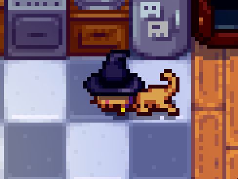 A pixel art cat wearing an adorable witches hat.