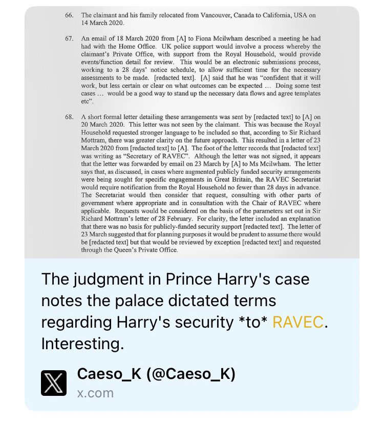 The judgment in Prince Harry's case notes the palace dictated terms regarding Harry's security *to* RAVEC.
Interesting.