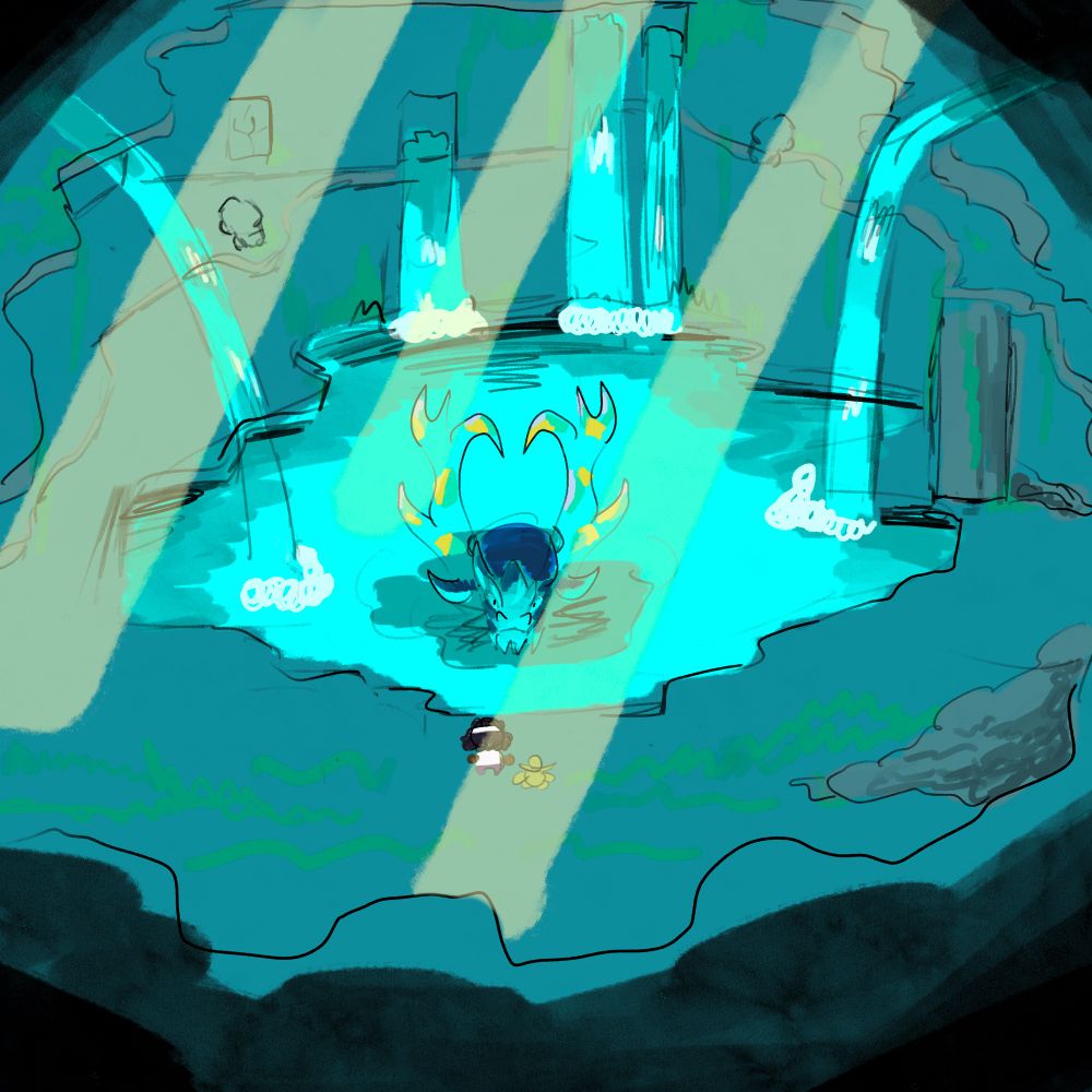 Sketch of a ruined building half submerged in water. A horned serpent is rising from the pooling water. Beams of light shine in from above.