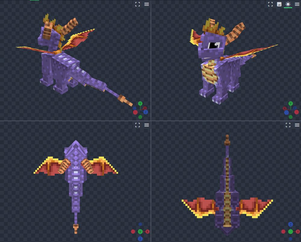 A quad-split screenshot of the Blockbench program, with a blocky model of Spyro the Dragon shown at a different angle in each quadrant. It is fully textured, now, with hand-placed pixel work emulating the original game's colors and patterns.