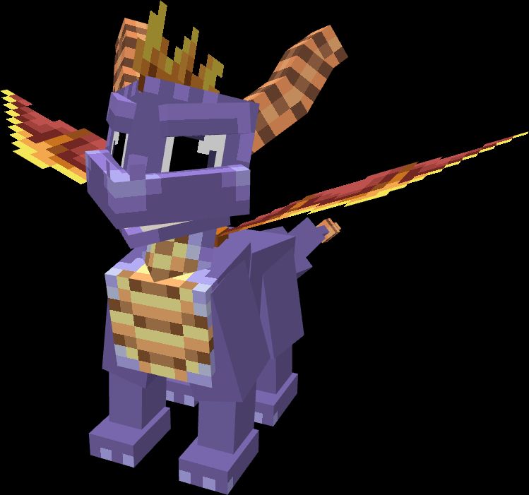 A blocky 3D model of Spyro the Dragon, with WIP pixel textures trying to replicate the original's colors and patterns. The wings, spines, horns, and most of the belly are much more finished than the purple body scales.