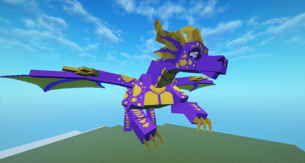 A screenshot of a cube-based low-poly dragon model for Minecraft, taken in-game to display that it functions as a player replacement with the More Player Models mod. This one has it mid-flight, showing a frame of the animation. It is tinted purple with gold belly plates, horns, and scale patches, to show what it can do with the mod.