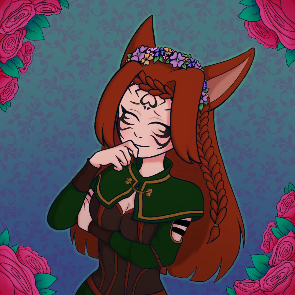 Awayla's character Awayla Windsong surrounded by flowers and wearing a flower crown 