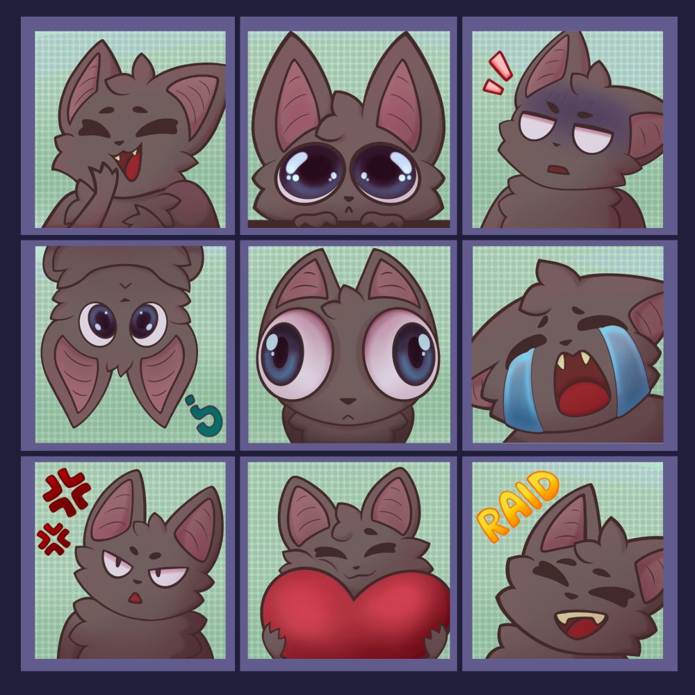 A grid with 9 bat emotes in it. A laughing, a baby doll eyed one, a startled one, a curious one, one staring in a fish-eye lense style, a crying one, a mad one, a heart one and a raid one.