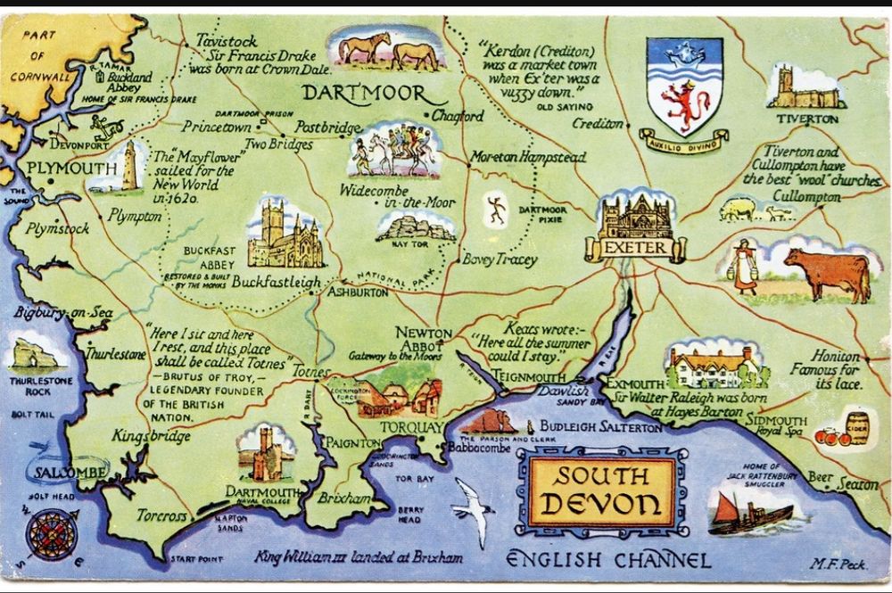A postcard image of the South of Devon. It's mainly green and has several towns, cities, and places to visit. It's a map in a painted style. 