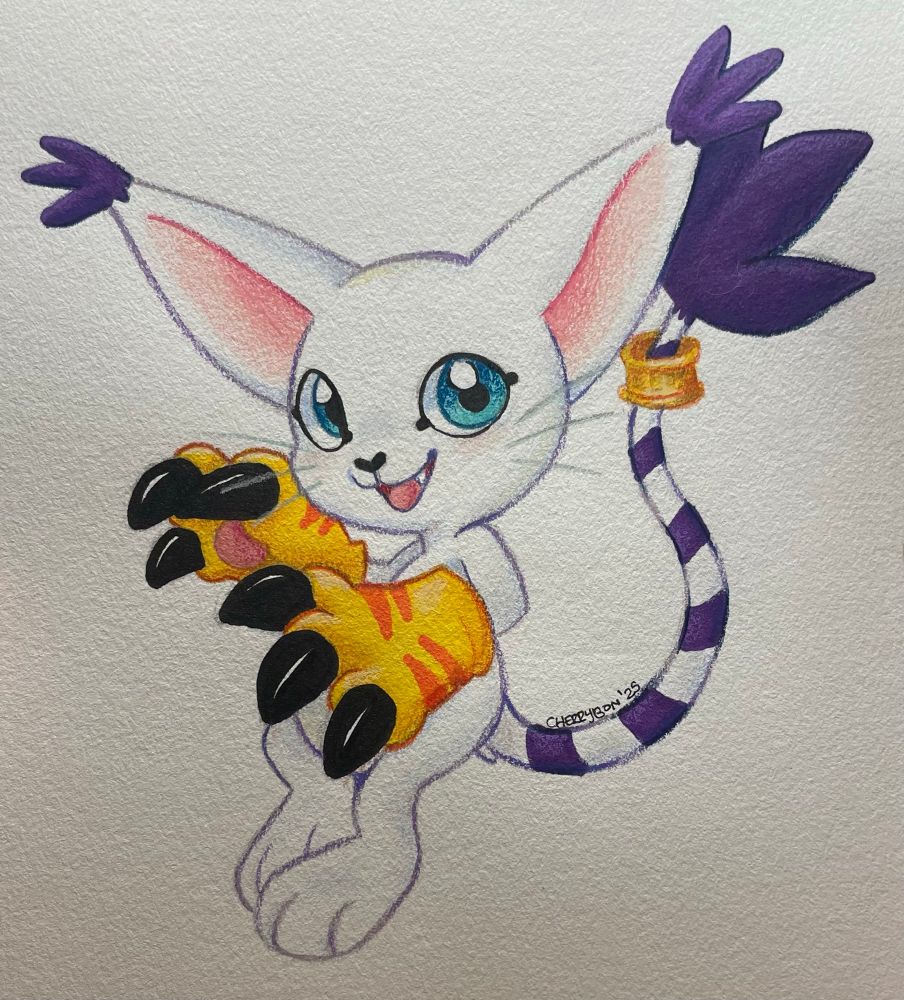 a drawing of gatomon, drawn on paper with pencils and markers