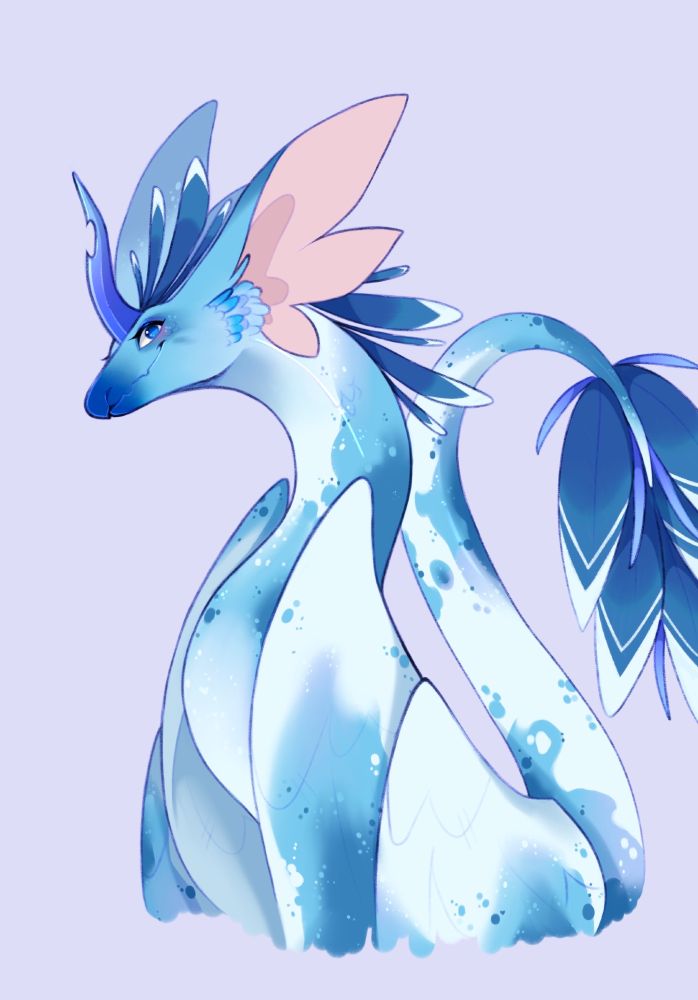 digital illustration, portrait style, of a blue piebald amphiptere dragon with two sets of wings and a large curved horn