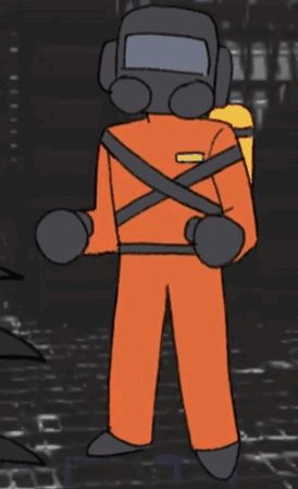 a cartoon drawing of a man wearing an orange suit and a gas mask