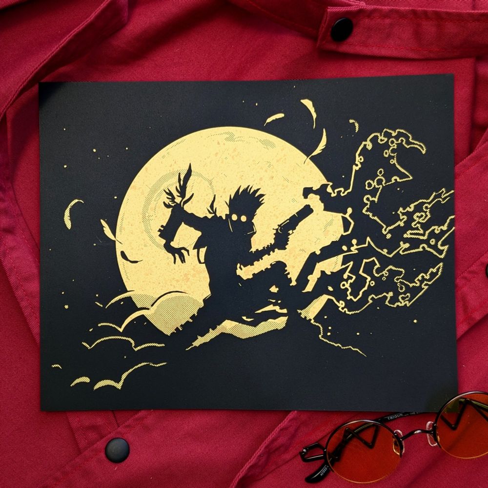 Screen print of a gunslinger sprouting some odd winglike things, silhouetted against a yellow moon. Print is lying on a red coat next to some novelty glasses, because I think I'm cool.