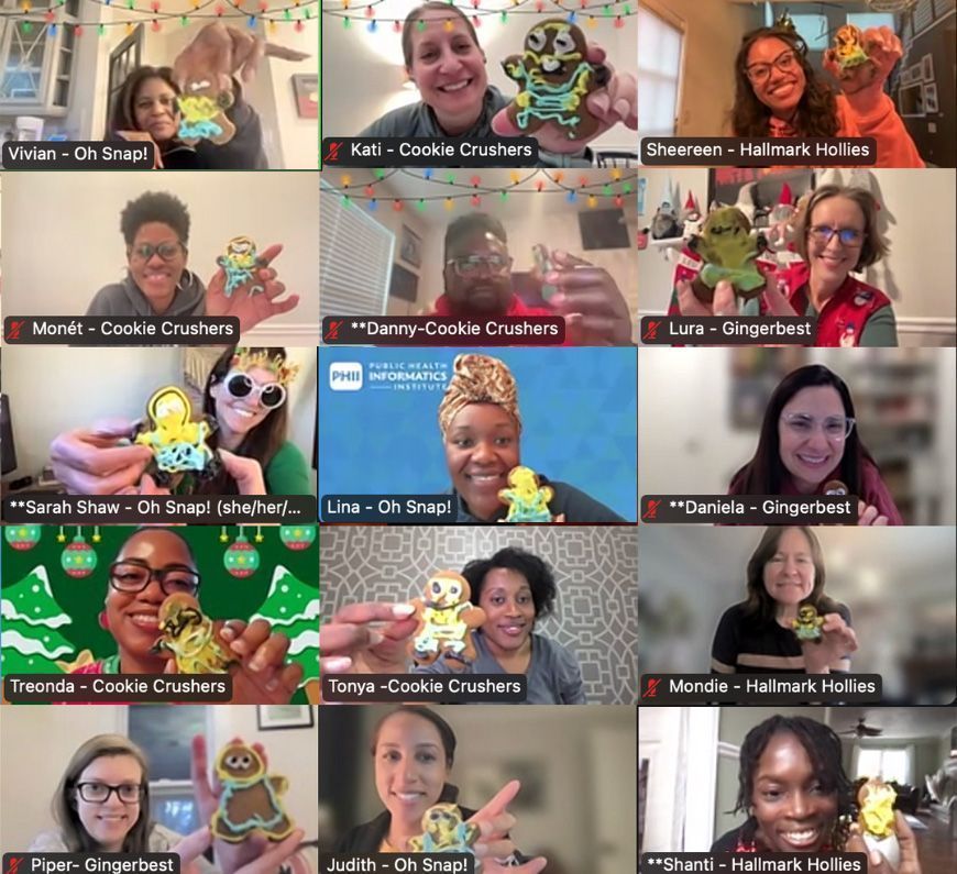 A computer screen with 12 boxes of faces of PHII staff holding up their decorated gingerbread cookies.