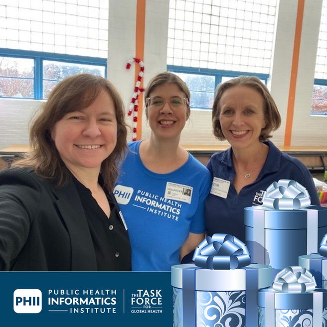 Three smiling PHII employees with a banner at the bottom of image with blue wrapped packages and the PHII/Task Force for Global Health logo.