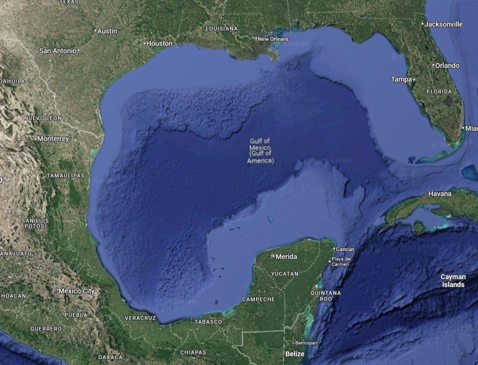 Googles Maps showing the Gulf of Mexico with Gulf of America below it in brackets (parenthesis)