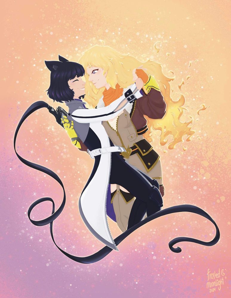 a black-haired woman (left) with cat ears looks lovingly at her partner with blond, fiery hair (right). The one on the left is Blake and the one on the right is Yang. Blake is wearing a white tailcoat with a grey overshirt. Yang has an orange scarf and a dark brown jacket. Yang is also wearing one orange gloves and her other arm is a yellow and black robot arm. Under Yang’s jacket is light brown overalls with a dark brown belt. The two girls are in a dance position, with Yang holding Blake over a light orange /light purple gradient background. Blake’s weapon has a rinbon that flows behind her and under both their legs. 