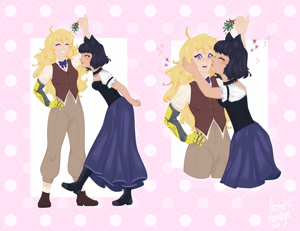 Two images are in front of a pink background with white polkadots. Both pictures depict Yang (left)and Blake(right) from RWBY. In the first image, Yang is holding a mistletoe    and Blake is looking at her teasingly. In the second image, Blake  kisses Yang on her cheek, holding her face in the process, while Yang looks flustered. Yang has long, curly blond hair and purple eyes. Yang has fair skin and is wearing an off white shirt with a brown vest with a purple bow on the shirt. She has tan pants with brown shoes with white socks, and has a yellow and silver metal arm on her right side. Blake has short black hair with cat ears and golden eyes. Her skin is tan. She is wearing a black beaded choker and a black bodice with white puffy sleeves that stop before the elbow. She has a dark purple skirt with black high boots with grey laces. 