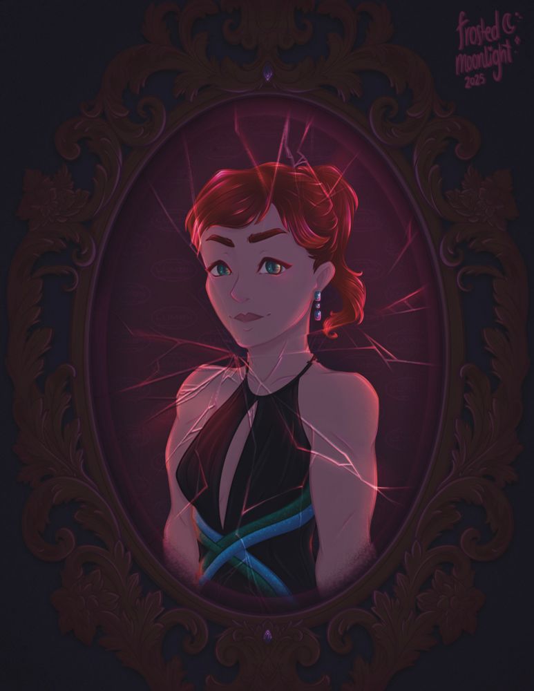 Portrait in an wooden ornate mirror of Helena Eagan from Severance in a dim light. In the background is a pattern of the Lumon logo. Helena has fair skin and blue/green eyes looking towards the viewer. She has a confident expression and red hair in a ponytail with sideswept bangs. She is wearing a black dress that attaches at the neck, with a blue and green ribbon that starts under the chest and goes past the mirror frame. She is illuminated by orange light. The mirror is broken and reflecting orange light. 