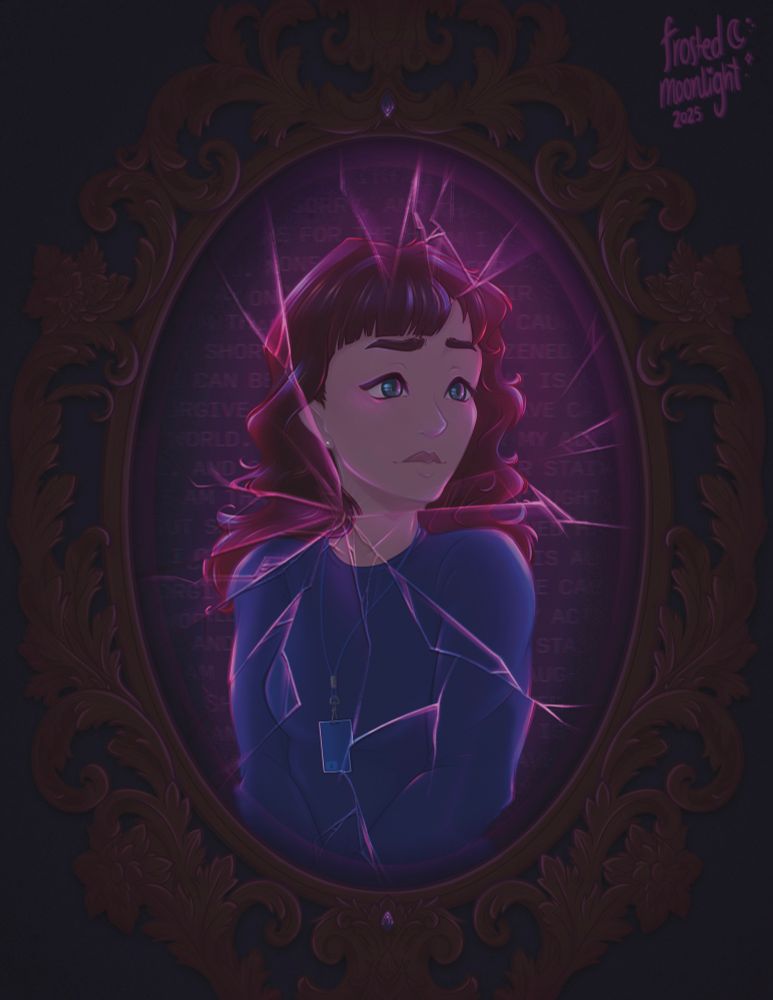 Portrait in an wooden ornate mirror of Helly Riggs from Severance in a dim light. in the background is the breakroom apology monologue. Helly has fair skin and blue/green eyes looking away longingly. She has a solemn expression and red hair that goes past the shoulders with bangs. She is wearing a blue longsleeved shirt with a blue Lumon keycard on a lanyard. She is illuminated by pink light. The mirror is broken and reflecting pink light. 