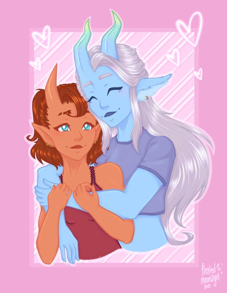 an orange feminine tiefling is being held by a blue feminine tiefling. the orange tiefling is Sienna, and they have light orange skin with blue eyes. She is looking longingly towards the other person, with a smile. They have burnt orange hair that is down except for two pigtails. They have a scar over their right eye and two golden earrings on each ear, which are pointed. She is wearing a dark red tank top with a heart shaped lace. The blue tiefling is Rio. She has blue skin and horns that go up in a green gradient. She has her eyes closed in a smile. She has fluffy longer ears with a golden earring visible. She has grey iridescent hair that is down to her hip. She is wearing a purple crop top. They are both on a pink background with stripes that are lighter pink.