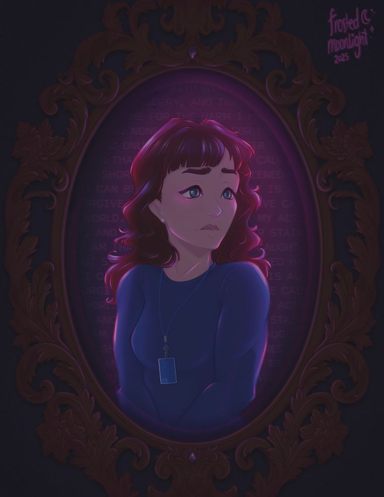 Portrait in an wooden ornate mirror of Helly Riggs from Severance in a dim light. in the background is the breakroom apology monologue. Helly has fair skin and blue/green eyes looking away longingly. She has a solemn expression and red hair that goes past the shoulders with bangs. She is wearing a blue longsleeved shirt with a blue Lumon keycard on a lanyard. She is illuminated by pink light. 