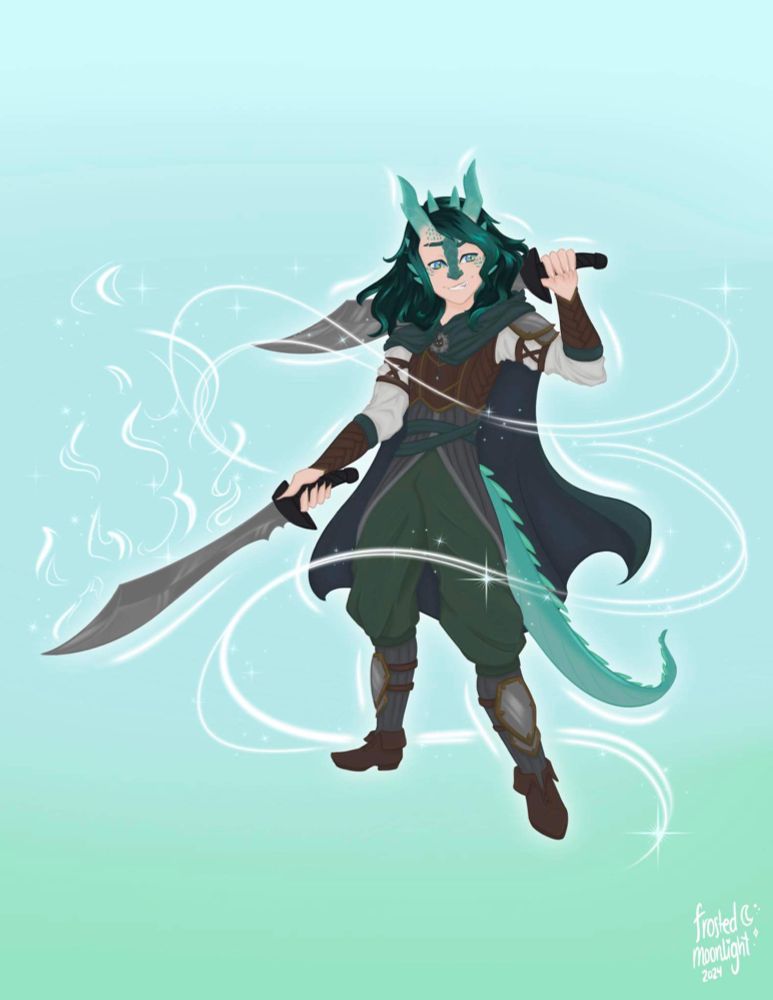 a person with dragon-like features stands confidently with two silver scimitars in hand. They have teal horns protruding from their head, with scales on their face and converging on their nose. They have dark teal and light teal hair that go to the shoulder. They have a dark green cloak with a dark lining that hangs on their shoulders and is kept together by a brooch with a black cat on it. They wear an off-white undershirt with a leather pauldron and matching leather arm bands and forearm armor. Under the pauldron is a dark grey coat over forest green pants, with teal belts over top of it. They have grey socks with metal armor on top with brown shoes. They also have sharp nails and a teal dragon tail. The sword in their right hand has magical fire on it and the character has magical energy surrounding them. 