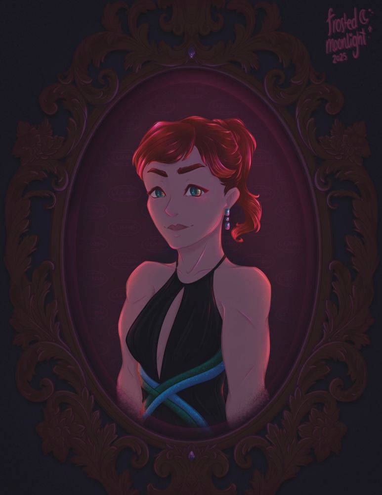 Portrait in an wooden ornate mirror of Helena Eagan from Severance in a dim light. In the background is a pattern of the Lumon logo. Helena has fair skin and blue/green eyes looking towards the viewer. She has a confident expression and red hair in a ponytail with sideswept bangs. She is wearing a black dress that attaches at the neck, with a blue and green ribbon that starts under the chest and goes past the mirror frame. She is illuminated by orange light. 