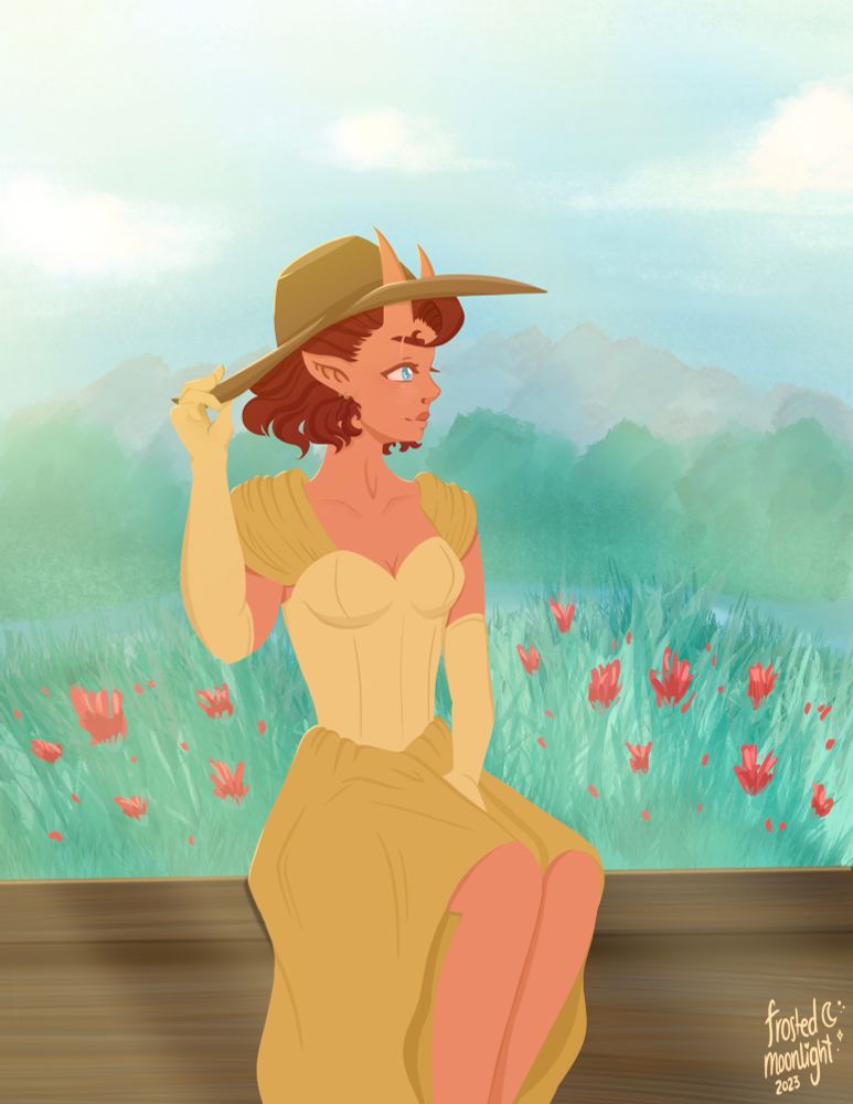 An orange tiefling is sitting on a wood surface, facing the side, staring happily in the distance, with one hand holding her hat and another on her leg. The tiefling has light orange skin with pointy ears and a scar on their right eye. They have blue eyes and horns that come up from their forehead. Her hair is auburn and cuts off a little bit above the shoulder. She has a hair curl in between her horns that covers part of her forehead. They are wearing a dark mustard colored yellow brimed hat. They are wearing a light yellow bustier with darker off the shoulder short sleeves with matching gloves that go up past the elbows. Past the bustier is a long, darker yellow skirt that goes to the knee in front but trails in the back. Behind the tiefling is a scenery with a flower field of red flowers in front of a forest with mountains in the back. 