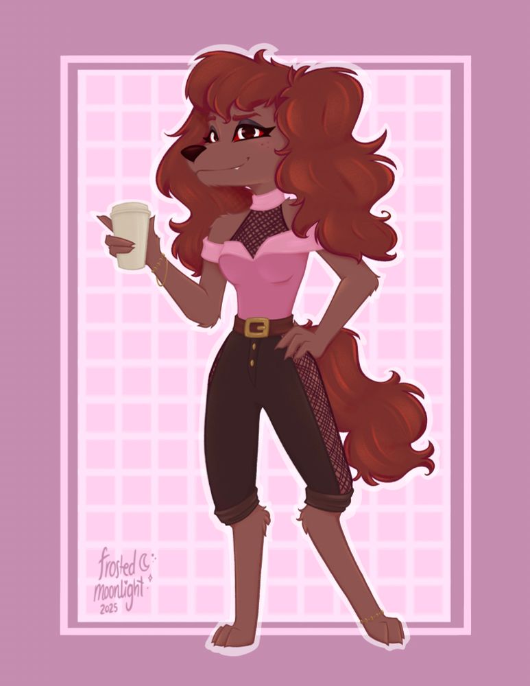 a hellhound (humanoid dog) stands on a pink background, holding a beige coffee cup with their other paw on their hip. She has auburn fur with darker auburn ears,hair and tail. Her ears give the illusion of two pigtails. She has red eyes with a white iris and black pupils. She has purple eyeshadow and long nails. She is wearing a pink top with off the shoulder sleeves and a mesh top connecting to a pink collar. She has a brown belt and darker brown pants that stop at the knee, with fishnets on the side of the pants. 