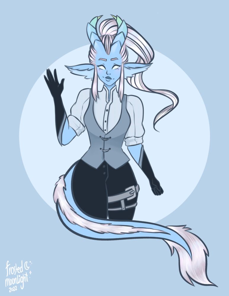 A light blue-skinned tiefling is on a blue background with a light blue circle in the middle. She has long horns that transition to green at the tip with silver hair in a ponytail, except for two strands that frame the face. She has white pupilless eyes and dark blue lips. Her ears are fluffy and deer-like, pointing outwards with light blue fur at the bottom. She is wearing a grey blouse with rolled-up sleeves with a grey-blue vest on top, with chains tying the buttons to eachother on the vest. She also has black gloves with matching black pants with silver trims on the gloves and silver belts and belt buckles on the left leg. She has a long blue tail with silver fur on its ridge that ends with a big silver tuft of fur. Her position is of her waving with her right hand and the picture cuts off at the knee, which is covered by the tail. 