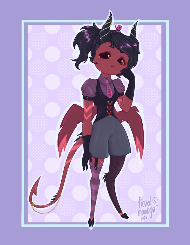 a red imp (demon creature) is on a purple background with polkadots. The imp has red skin with dark purple hair, almost black, tied up in a ponytail. They also have black elongated horns with thin white stripes and piercings, plus a small top hat on their head. They are wearing a purple short sleeved dress shirt and tie with a black vest on top with gold buttons and red tassels tying them together. They have grey shorts that stop at the mid thigh. They have one leg in a fishnet and the other in a long sock that begins with a garter belt. They are wearing black gloves that start mid forearm. They have a long pointed tail with spikes on it that is also pierced and has lighter red markings. They have red wings that are partially torn. Their expressions is smug but tired, and their eyes are yellow with a red iris. 