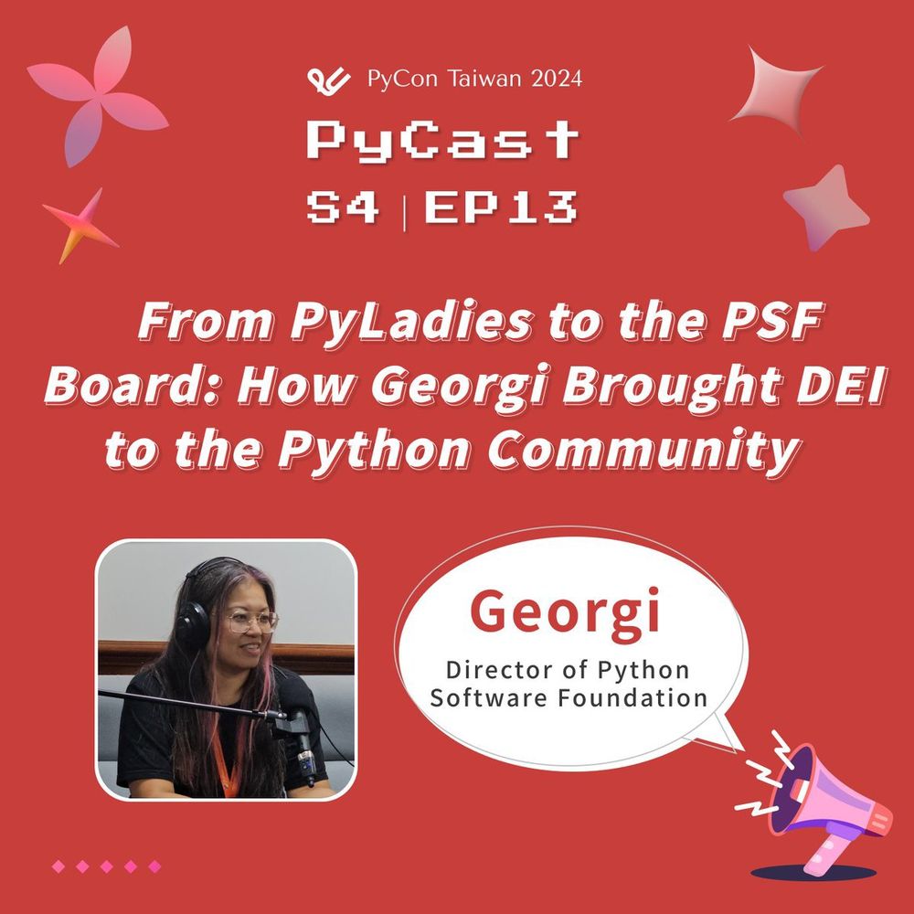 Announcement for the latest episode of PyCon Taiwan's podcast series PyCast. Listen to our 2024 keynote speaker and Director of the Python Software Foundation Georgi Ker talk about DEI in the python community 