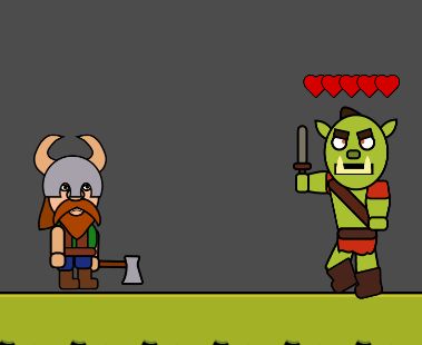 A dwarf with an axe and an orc with a sword.
The orc has five hearts above his head, showing his health status.