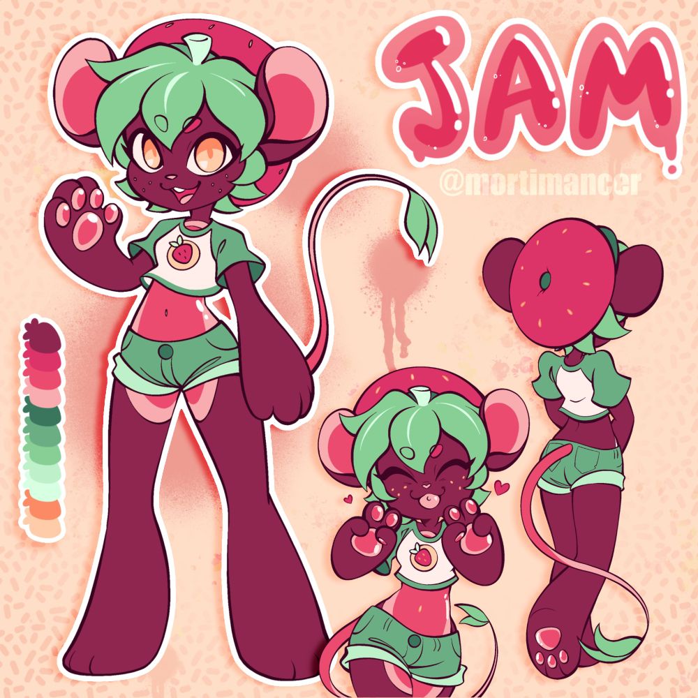 Strawberry colored mouse in green clothing and a beret in various poses