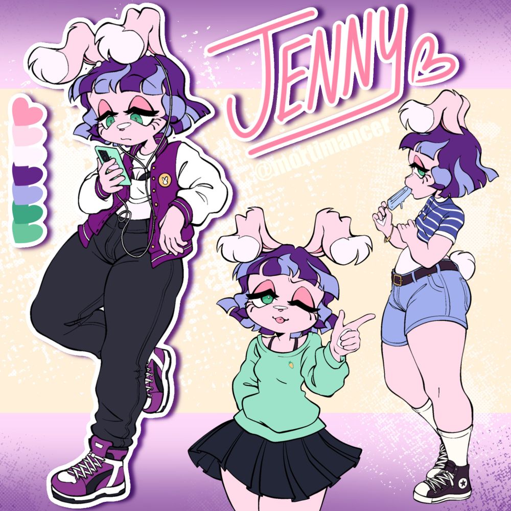 Pastel pink bunny woman wearing various outfits