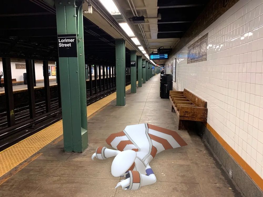 Subway Boss Emmett from pokemon on the ground face down. His 3D model is imposed on a picture of the subway. It looks like he passed out or maybe died on the subway floor by the rails.