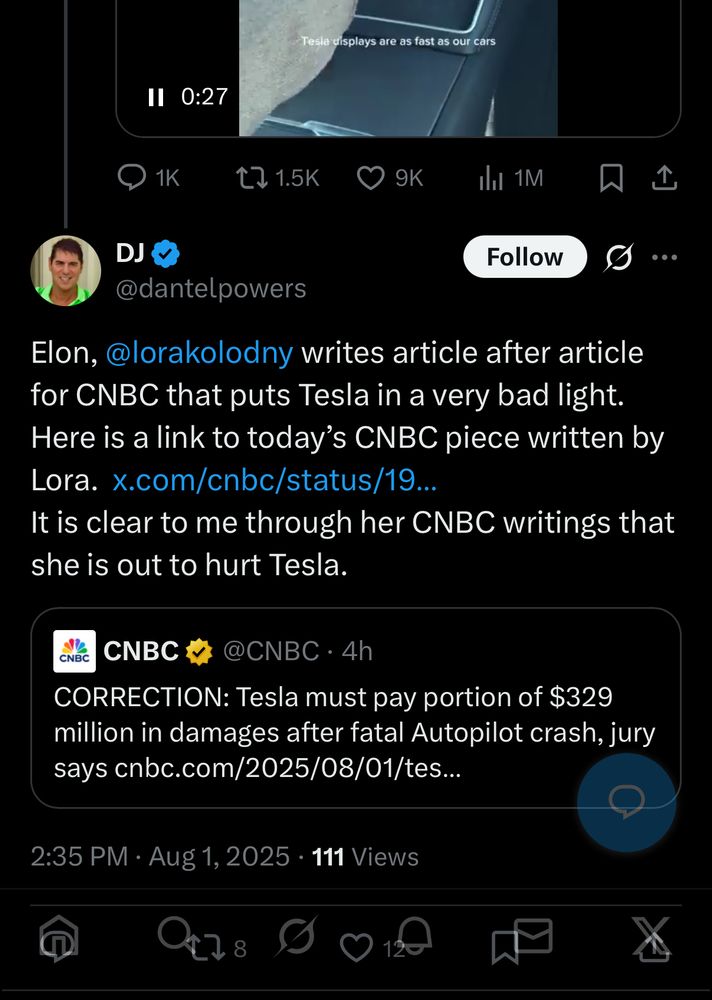 a user on x posts in response to a cnbc story by tesla reporter Lora Kolodny, “Elon, @lorakolodny writes article after article for CNBC that puts Tesla in a very bad light.
Here is a link to today's CNBC piece written by Lora. x.com/cnbc/status/19.
It is clear to me through her CNBC writings that she is out to hurt Tesla.”