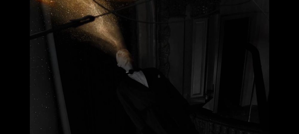 The giant from twin peaks floating in the air and projecting cosmic light from his mind. The cosmic light is in color but the rest of the shot is in black and white.