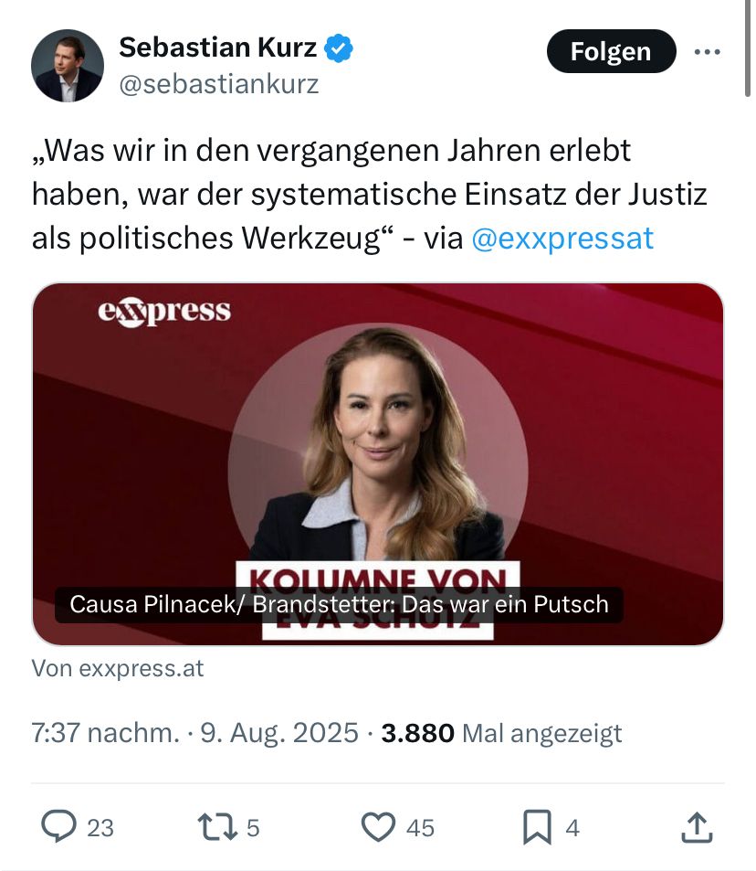 Sebastian Kurz
@sebastiankurz
Folgen
„Was wir in den vergangenen Jahren erlebt haben, war der systematische Einsatz der Justiz als politisches Werkzeug" - via @exxpressat