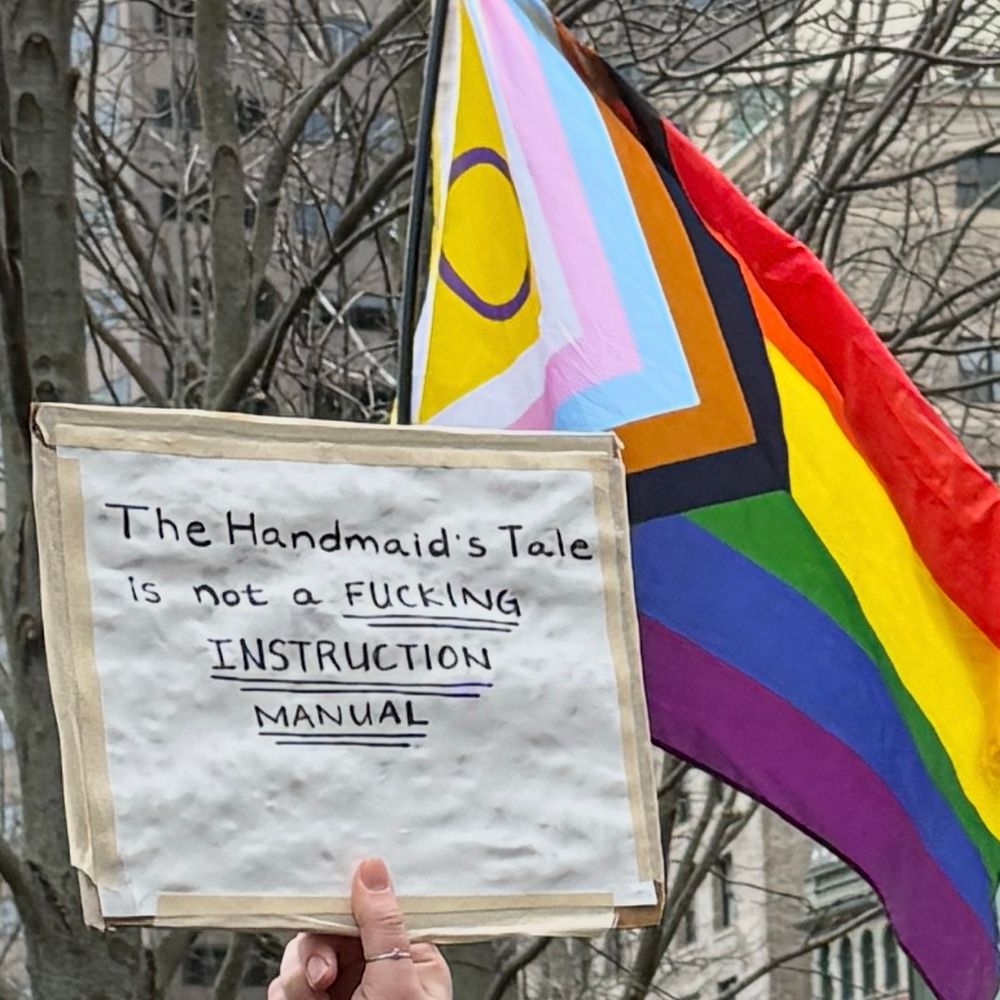 An inclusive pride flag alongside a sign that said “ the handmaid‘s Tale is not a fucking instruction manual”