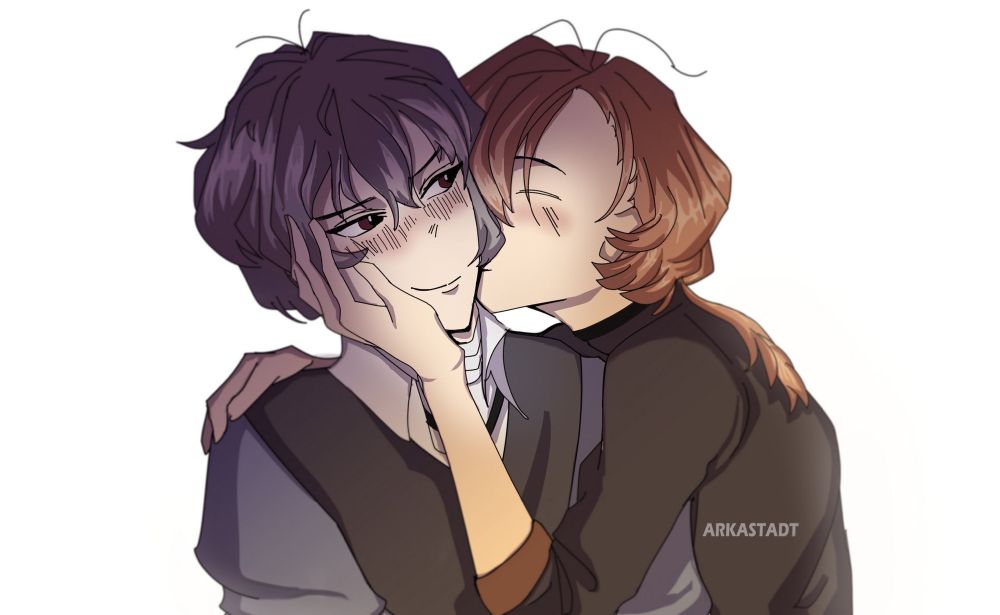 A drawing of Chuuya Nakahara from the Bungou Stray Dogs manga kissing Dazai Osamu on the cheek.