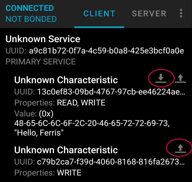 the service and characteristic in the nrf connect mobile app