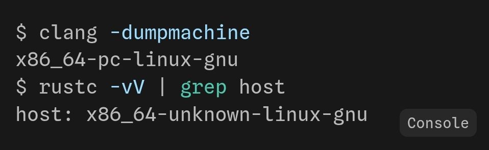 Clang and rustc command to print the target triple of the host machine 