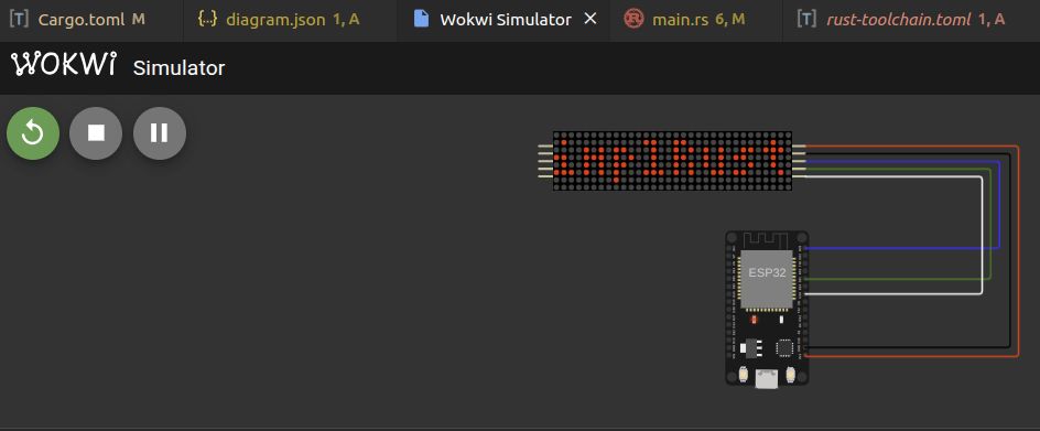"implRust" text being displayed on max7219 led matrix with help of wokwi simulator