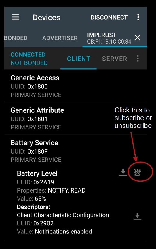screenshot  of nRF connect mobile app and highlighting the subscribe icon