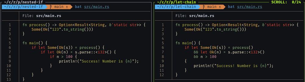 two code snippet showing let-chain vs nested if