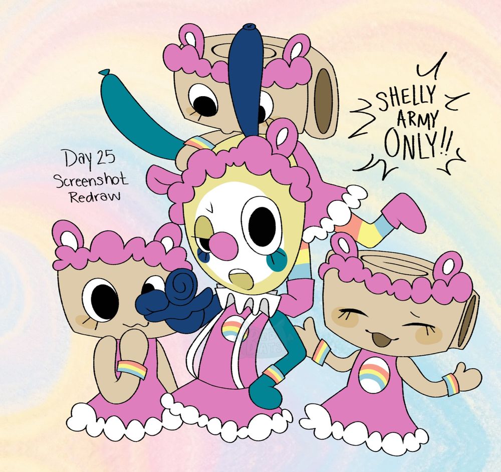 A digital drawing of Dandy's world Looey in his startime show fit mashed with Shelly's carebear outfit, amongst three other cheer bear shellys. Looey points at the camera while shouting 'Shelly Army Only' and text states 'Day 25 Screenshot redreaw'